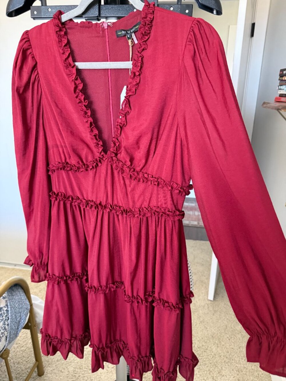 Free The Roses Burgundy Ruffle Mini Dress Size M NWT Long Sleeve V Neck - Picture 4 of 10